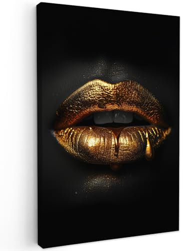 MuchoWow© Leinwand Bilder 40x60 cm Wanddeko Wohnzimmer Aesthetic Room Decor Deko Zimmer Wandbilder Modern Fotogeschenke Frau - Porträt - Lippen - Gold - Schwarz