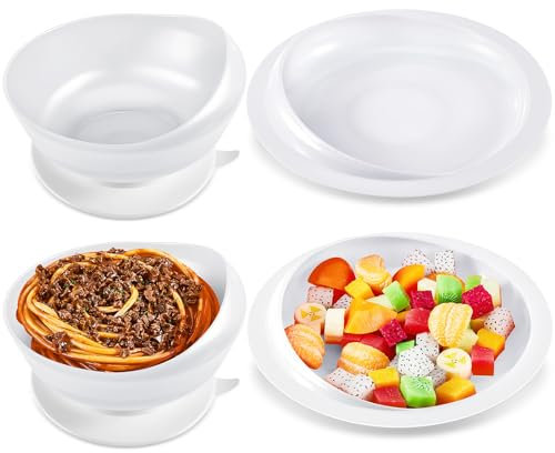 Hushee Adaptive Spill Proof Scoop Bowl and Plate Set with Suction Base Non Skid Self Feed Dinnerware for Elderly Disabled Handicapped from Parkinsons, Dementia, Stroke, Tremor(2 Sets,White)