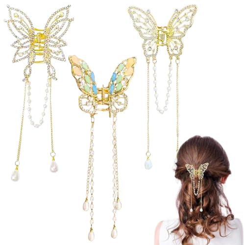 Ainvhh Butterfly Hair Clip, 3 Pieces Metal Hair Clips with Rhinestone, Non Slip Hair Clamps for Women Girls
