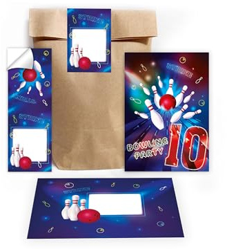 Limonia 12 Einladungskarten zum 10. Kindergeburtstag Bowling Party Kegeln neon Einladung Set Geburtstag Mädchen Kinder Jungs Jungen Boys Geschenktüte inkl. 12 Umschläge, 12 Tüten, 12 Aufkleber