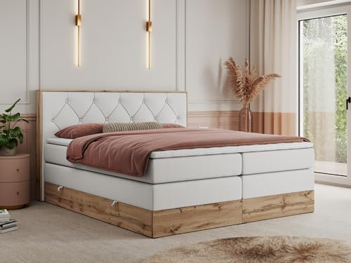 MKS MEBLE King Boxspringbett 180x200 mit Bettkasten Eiche, Polsterbett 180x200 mit Matratze H4, Bett 180x200 mit Kopfteil, Bett mit Holzrahmen in Wotan Eiche - Weiß Kunstleder - Veneto King