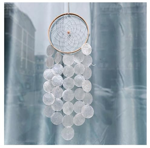 Rockreyoa Traumfänger Windspiel Weiß Capiz Muschel Windspiele Hängend Ornamente mit Rundring Natürlich Perlmutt Schale Windglocke Girlande Fensterschmuck für Garten Home Dekoration