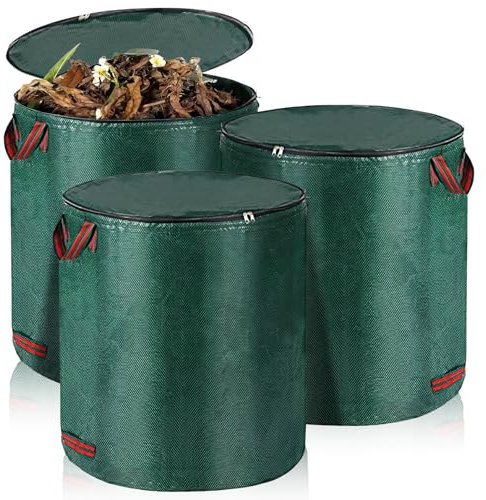 WEGREAT - Juego de 3 sacos de basura para jardín con tapa: juego de 3 sacos para hojas, saco de jardín de 120 l, bolsas estables de corte verde, plegables, grandes para hierba, hojas, setos, residuos