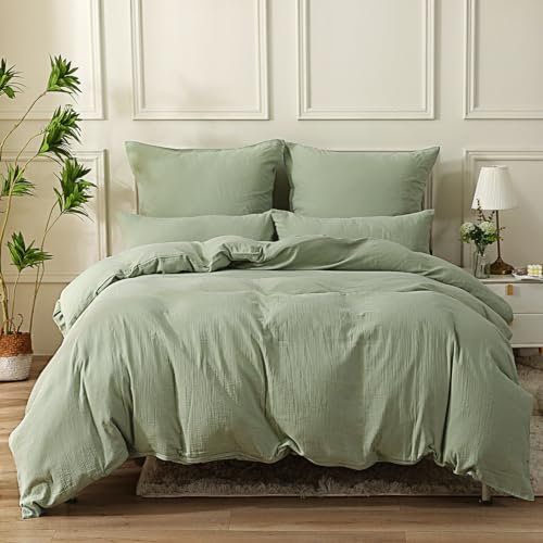 SOULFUL Housse de Couette 220x240 Gaze de Coton, Certifié Oeko-TEX, Vert Réglisse Ensembles de Housse de Couette avec Fermeture Éclair, Parure de Lit Adulte 220x240 cm avec 2 Taie d'oreiller 65x65 cm