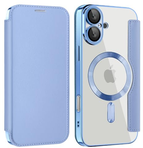 Flip Case for iPhone 16 Plus Clear Cover Support MagSafe |RFID Blocking| Wallet Purse Shockproof Leather Stand Cover Individual Protection for Each Lens Phone Skin for iPhone 16 Plus Light Blue