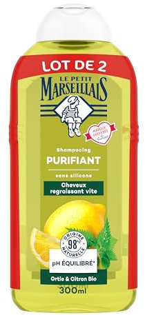 Le Petit Marseillais | Shampooing Purifiant Ortie & Citron Bio (lot de 2 flacons de 300 ml) – Shampoing sans silicone pour cheveux regraissant vite – 98% d'origine naturelle et pH équilibré