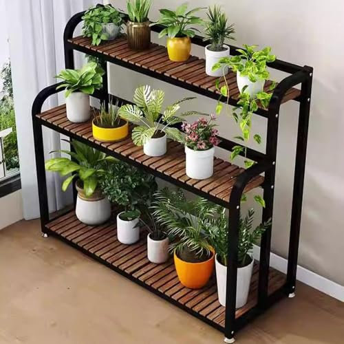 3-stöckiger Leiter, Pflanzenständer, Blumenregal, Gartenpflanzen-Aufbewahrungsregal für Balkon, mehrere Pflanzen, Organizer, Regal (schwarz + karbonisiert, 120 cm)