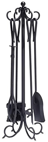 SFSLBFB Ensemble d'outils de cheminée 5 pièces, Ensemble d'outils de cheminée en Fer forgé pour Foyer de Poker, Support de Pinces à bûches avec Rouleaux, 30 Pouces