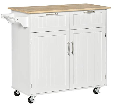 HOMCOM Isla de Cocina con Ruedas Carrito de Cocina Mueble Auxiliar de Cocina con 2 Puertas 2 Cajón Toallero y Estante Ajustable para Comedor Salón 104x46x91 cm Blanco