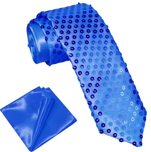 ROSAUI Glitzer Krawatten für Herren und Damen, Glitzer Outfit Hemd Sakko Accessoires, Satin Krawatte und Einstecktuch Set Hochzeit Festival Disco Party Fasching (Marineblau)