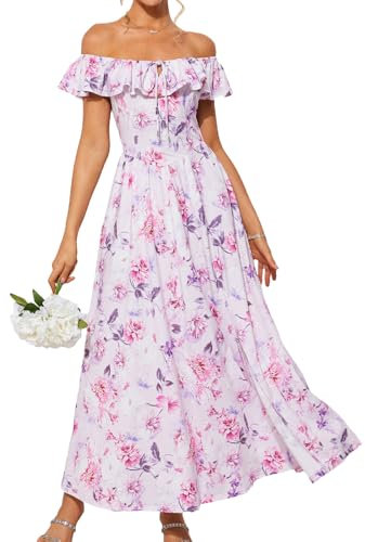 GRACE KARIN Robe Maxi Femme Col Bateau Volants Imprimé Fleurs Bleues Taille Élastique Ligne A Élégante Été CL0213-04/Rose Violet M