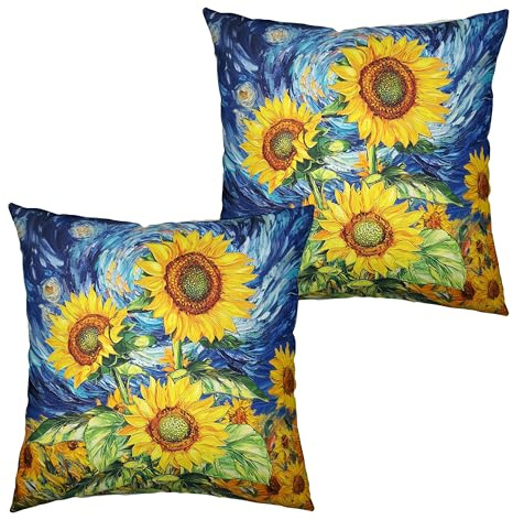 Kwlegh Sonnenblumen-Kissenbezüge, Motiv: Van Gogh, Sternennacht, Ölgemälde, Sonnenblumen, für Frühling, Sommer, Baumwolle, Leinen, für Sofa, Garten, Terrasse, 45,7 x 45,7 cm, 2 Stück