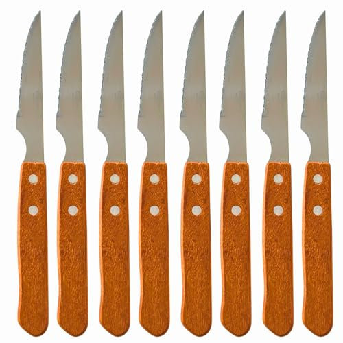 Pack 8 Cuchillos Chuleteros con Mango de Madera | Especial para Carne, BBQ | En Acero Inoxidable | Juego de cuchillos de cocina de mesa, camping, trabajo