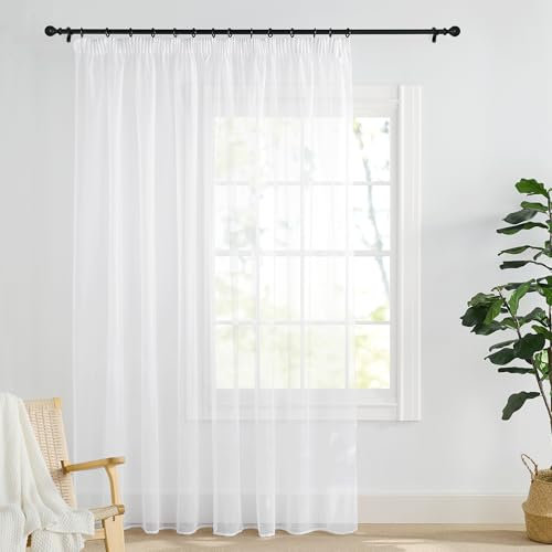 PONY DANCE Übergardinen Wohnzimmer mit Kräuselband Weiße Durchsichtige Gardinen für Große Fenster 1er Set H 220 x B 300 cm Raumteiler Vorhang Transparent für Schienensystem