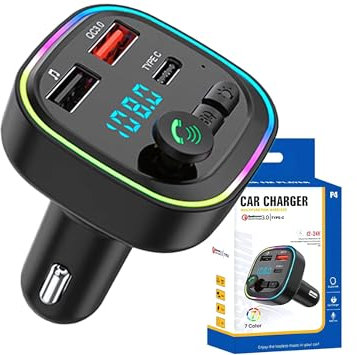 FM Transmitter Car, Bluetooth 5.4 Wireless Radio Adapter, Universal Car Charger with QC3.0 Quick Charging, 7 RGB Colors Light, MP3 Player Car Charger, 1 Type-C, Hands Free Calling, Supports USB/TF/Mic