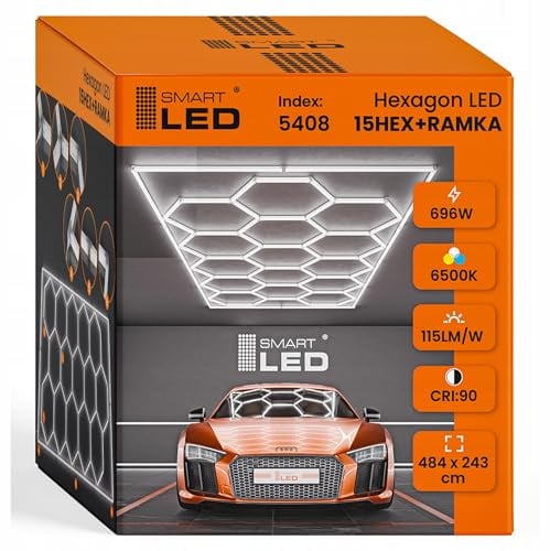 Garagenlampe Hexagon LED 484x243 cm – 15er Set Werkstattbeleuchtung 696W 6500K Kaltweiß – 115LM/W – IP54 – Flimmerfrei – CRI>90 – LED Panel Lichtsystem für Garage, Studio, Detailing, Büro