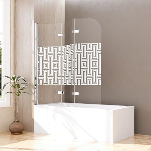 Goezes Duschwand für Badewanne 120x140cm 3-teilig faltbar Duschtrennwand, Glas Duschabtrennung mit Weiß Labyrinthe Gestreift, Badewannenaufsatz aus 6mm ESG Sicherheitsglas