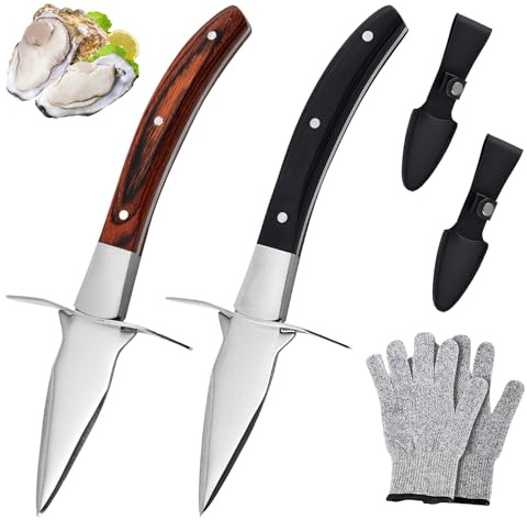 GOEDCH Austernmesser: 2 Stück Austernmesser Set mit 2 Paar Schutzhandschuhen, Austern Set mit Premium-Holzgriff, Austernmesser und Handschuh, Austern Messer für Muscheln Oder Hartkäse Geeignet