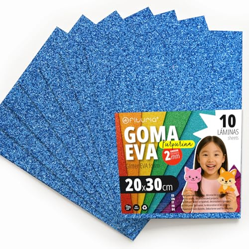 OFITURIA Glitzer-Moosgummi für Bastelarbeiten, Bunter Schaumstoff mit Glitzer für DIY, kreative Projekte, Kunst und Schule 20x30cm (Blau, 10 Stk)