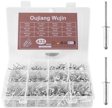 Oujiang Wujin 433-delars blinda nitar set med förvaringslåda, nitset, öppna sluttande nitar, hålnitar, lämplig för bil, byggbransch, vardagliga reparationer och gör-det-själv.