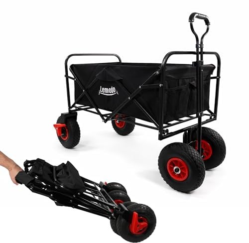 Lemodo Bollerwagen Faltbar mit Luftreifen, 120 kg Tragkraft, Klappbarer Handwagen mit Stoffwanne in schwarz für Strand, Camping&Garten, Platzsparender Transportwagen für Freizeit (schwarz, ohne Dach)