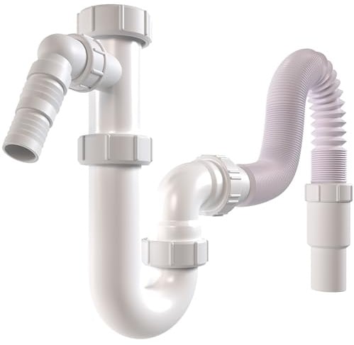 Poppstar Flexibler Siphon für Küchenspüle/Spülbecken 1 1/2 x 40-50mm (U-Form, Ablaufschlauch 320-880mm, 1x Geräteanschluss: Ø 19-23mm, Länge 85mm), weiß