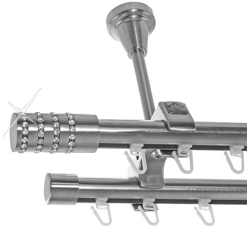 BASIT Innenlauf Gardinenstange 2 läufig Deckenmontage 360 cm lang Edelstahl Look I Vorhangstange mit Schiene 2läufig Ø20mm I 120-600 cm wählbar D61II