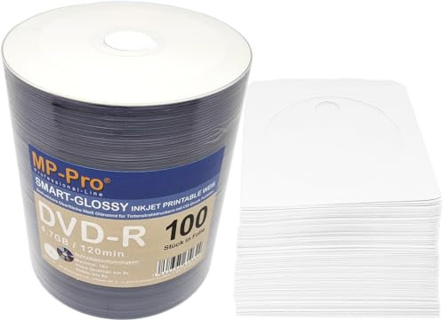 MP-Pro DVD-R Rohlinge 4,7 GB Smart-Glossy Inkjet Printable Weiß Glänzend Bedruckbar - 100er Spindel mit Papier-CD-Hüllen