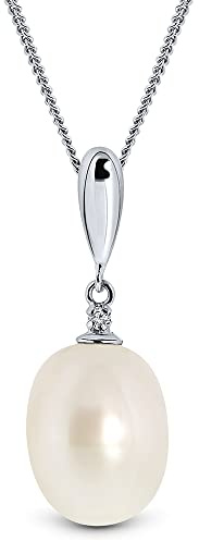 Miore Kette - Halskette Damen Kette Weißgold 9 Karat / 375 Gold Süßwasserperle mit Diamant Brilliant 45 cm