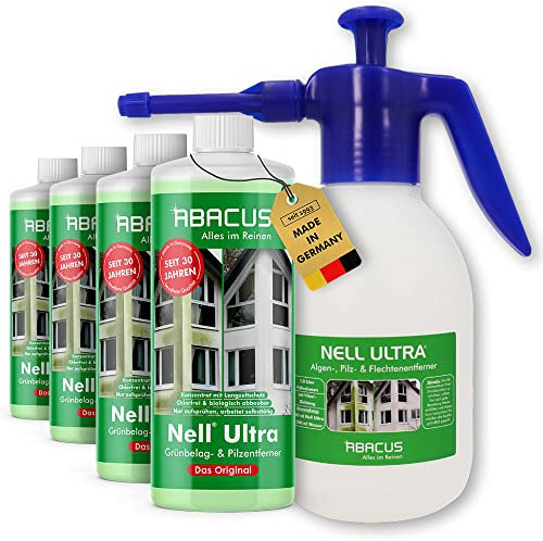 ABACUS® Nell Ultra Grünbelagentferner & Algenentferner Konzentrat, extrem stark! Entfernt Grünbelag & Algen selbsttätig mit Langzeitschutz – Algen- & Grünbelagentferner 4x1000ml mit Sprühflasche