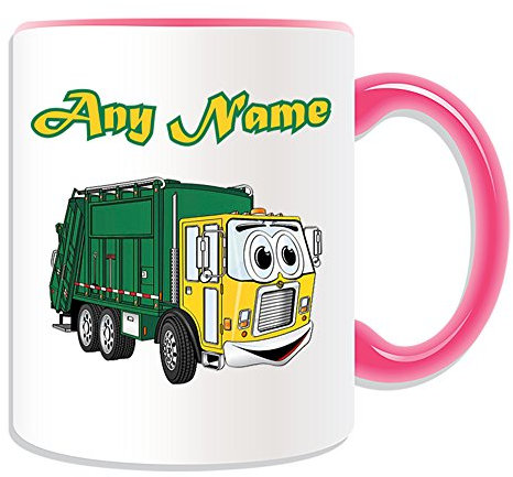 Personalised Gift - Smiley Garbage Truck Mug (Transport Design Theme, Colour Options) - Rubbish Dustcart Bin Trash Waste Scrap Recycle Lorry Van Refuse Collection Vehicle Wagon HGV Driver Rubbish Dusbin Refuse Waste Collection Recycle Recycling