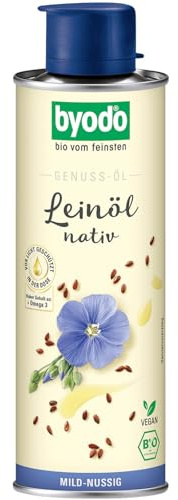 Byodo Bio Leinöl I 1 x 250ml Dose I Kaltgepresstes Speiseöl | Mild-nussiger Geschmack I Reich an Omega 3 I Lichtgeschützte Weißblechdose I Natives Leinöl für Müsli, Smoothies & Salate