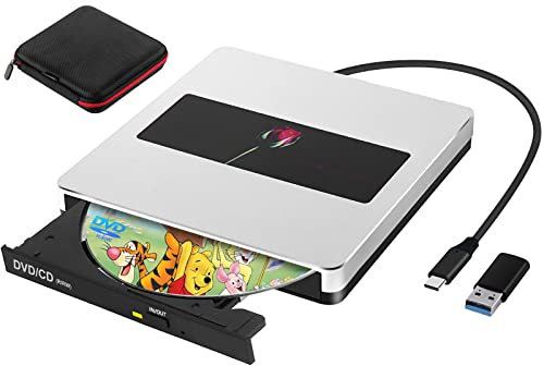 SOMDARHK External CD DVD Drive USB 3.0 & Type-C Portable Slim Burner Rewriter High-Speed Disc Player for MacBook Pro Air Windows 11 10 Linux PC Laptop Desktop Computer