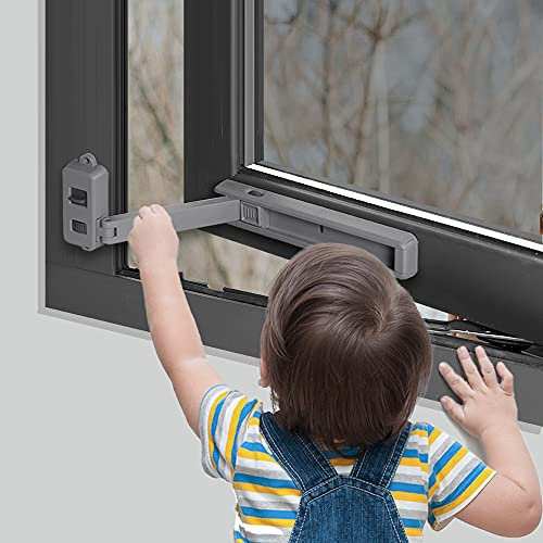EUDEMON 1 Piezas Cerradura de ventana segura para niños, tope de ventana, fácil de instalar, con adhesivo 3M VHB, no se requieren tornillos ni perforaciones (Gris)