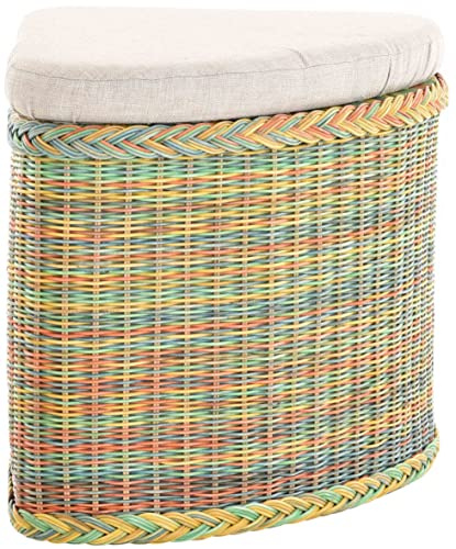 Rattan Wäschekorb Wäschetruhe Sitz gepolstert Honig, Flur-Bank Aufbewahrungsbox mit Deckel Bad-Hocker Sitzhocker Wäschesammler Sitz-Truhe Natur (Bunt, Eckform)