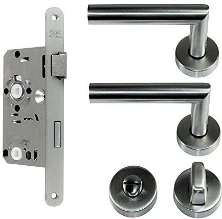 SN-TEC WC/BAD Komplett Set, Edelstahl Rosetten Beschlag L-Form (beidseitig Drücker) + Badezimmer BAD Schloss incl. (DIN Rechts)