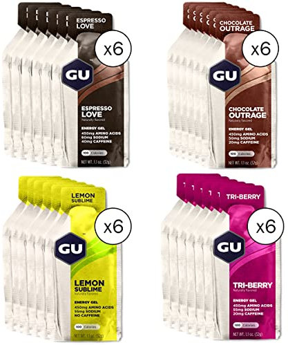 GU ENERGY GEL - Pack 24 Gels Espresso - Chocolate - Tri-Berry - Lemon - Gel énergétique - Sodium - BCAA - Idéal pendant l'effort 100Kcal