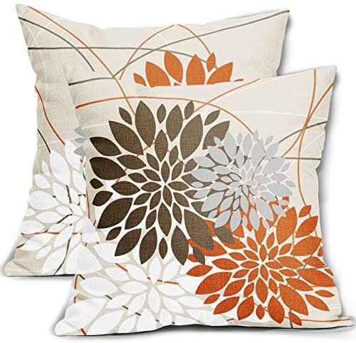 Braun-Orange-Kissenbezüge, 45.7x45.7 cm, Dahlie, Blume, weiß, grau, elegante farbige Wurfkissen, Bauernhaus, Outdoor-Dekoration für Zuhause, Sofa, Couch, Bett, quadratisch, 2 Stück