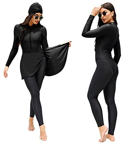 Odizli Burkini Damen Muslim Muslimische Badeanzug Frauen Langarm Body+Schwimmhose+Schürze+Hijab 4tlg Full Cover Islamisch Arabisch Jilbab Hasema Schwimmanzug Ganzkörper Modest Bademode Schwarz M