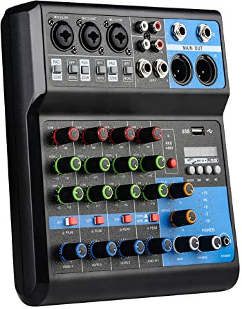 jindaaudio Dj Mixers Table de mixage audio 5 canaux avec Bluetooth, interface audio USB avec alimentation fantôme 48 V avec effet de retard de réverbération FX pour le streaming