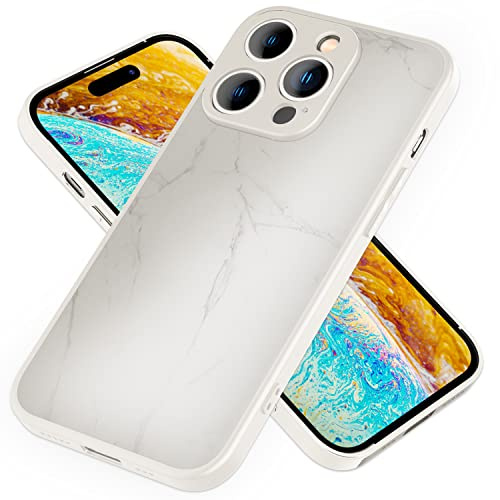 NALIA Marmor Glas Case für iPhone 14 Pro - Kratzfestes 9H Echtglas, Weiß | Kabelloses Laden durch die Hülle, Erhöhter Rand an Kamera und Display, Fingerabdrücke kaum sichtbar, MARBELLE