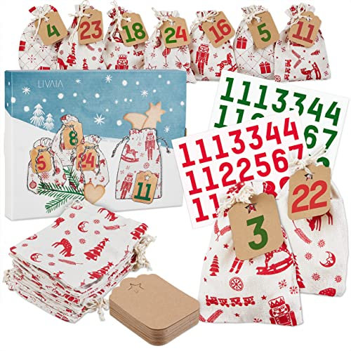 Jute Adventskalender zum Befüllen: Stoff Adventskalender zum Selbstbefüllen XL - Zahlen zum Aufkleben, Säckchen - 2025 Adventskalender Kinder - Adventskalender Basteln mit LIVAIA