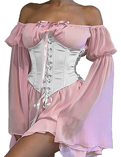 Sunidol Abito da donna a corsetto con spalle scoperte, maniche a campana, mini abito da fata, due pezzi, 03-rosa+corsetto bianco sporco, XL
