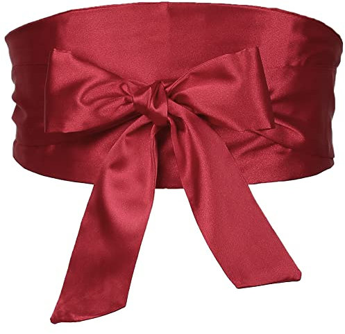 Elerevyo Ceinture Obi en satin soyeux pour femme, grande taille, ceinture à nouer soi-même pour robe de mariée, Rouge, 58-78cm/22.83-41.73