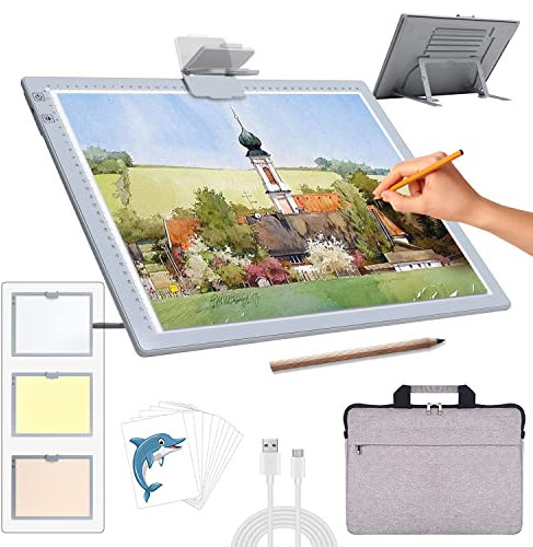 Tablette lumineuse a3 rechargeable avec sac&Support,3 couleurs dimmables et 6 niveaux de gradation table lumineuse a3 pour le dessin, diamond painting, la peinture,la visualisation aux rayons X (gris)