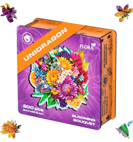 UNIDRAGON Original Holzpuzzle - Flora Blühender Strauß, 200 Teile, 9.7 х 9.9 Zoll (24.7 х 25.2 cm) Schöne Geschenkverpackung, Einzigartige Form Erwachsene und Kinder.
