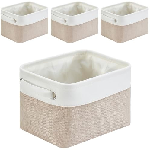 Mangata aufbewahrungsbox Stoff 4Pcs, aufbewahrungsbox, Korb aufbewahrung Stoff mit Griffen für Schrank, Spielzeug, kleiderschrank, Regale, Kleidung (Helles Khaki weiß, klein)