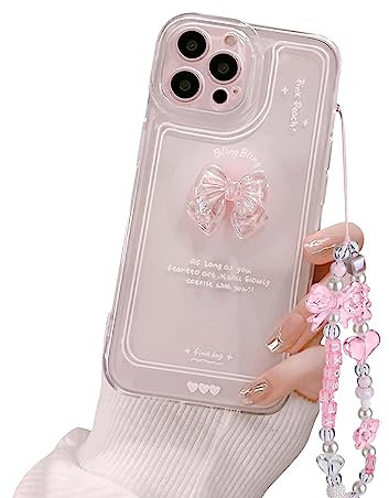 Ownest Compatible with iPhone 12 Pro Max Case, Cute 3D Pink Bowknot Slim Clear Aesthetic Design Women Girls Sparkly Protective Phone Cases for iPhone 12 Pro Max + Glitter Crystal Chain