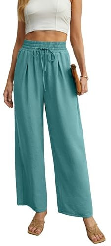 QIXING Weite Hosen Damen High Waist Palazzo Hose Gerade mit Taschen Yoga Stoffhose Damen Elegant Sommer Damenhose mit Gummizug (Seeblau, XXL)