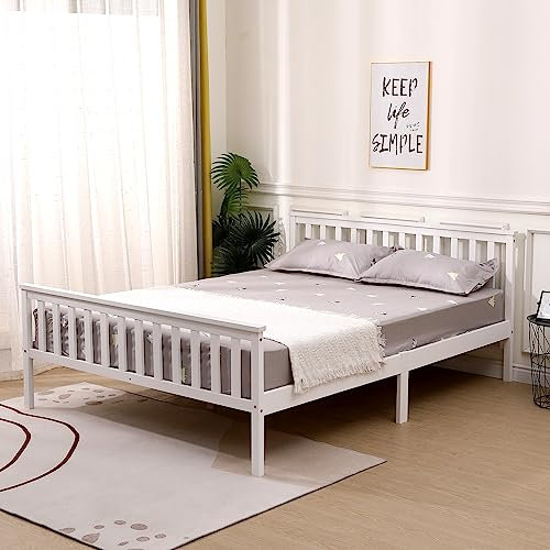 Kingwudo® Solid Pine Wood Bed Frames King size Bed Standard Queen Size Bed Frame with Headbaord and Footboard for Bedroom Furniture Two Colors (White)